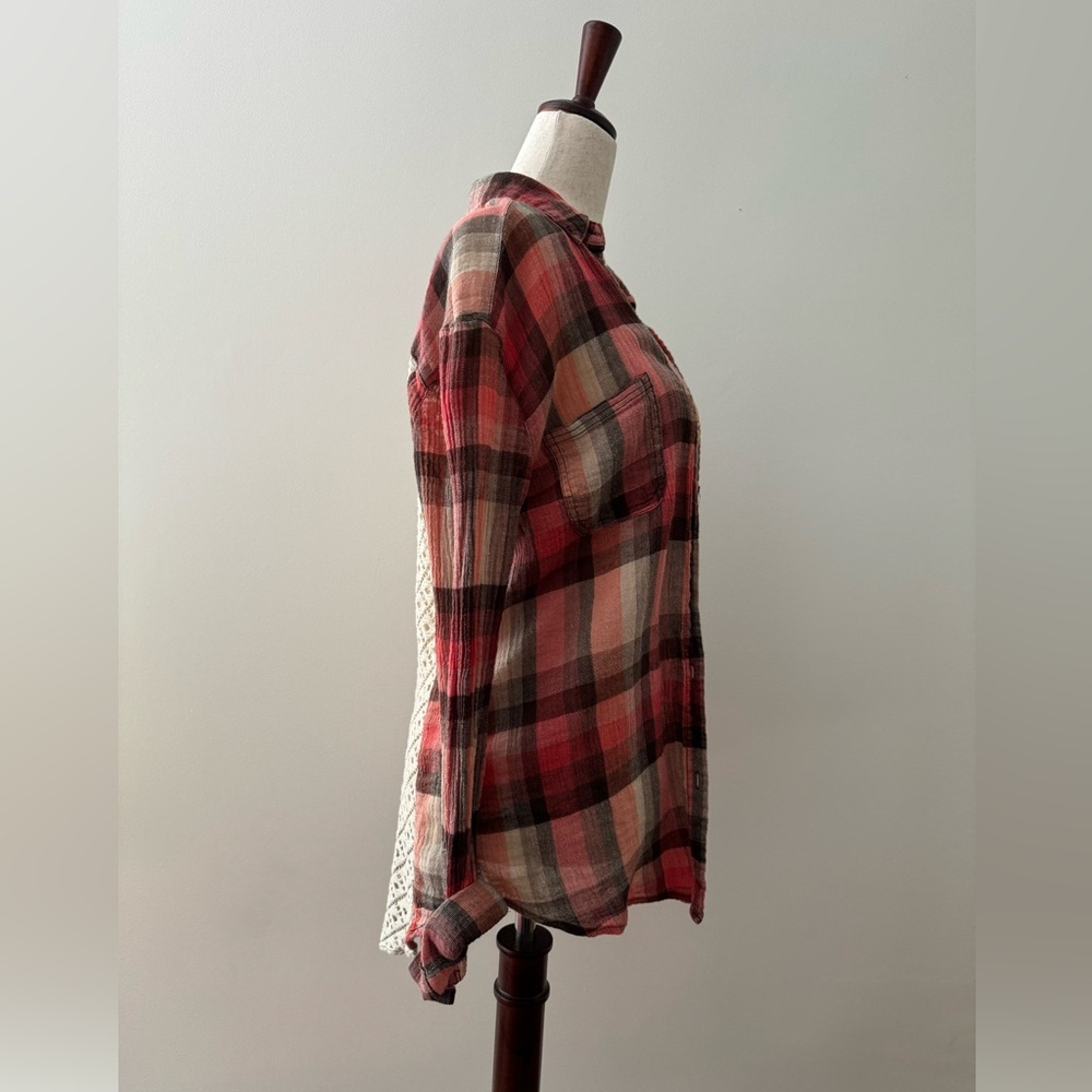 Free People We The Free Plaid Lace Back Shirt M - Picture 3 of 7